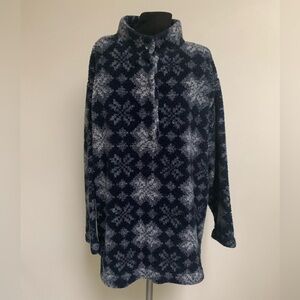LL Bean Vintage Pullover Fleece-Blue White Snowflake-Partial Button Close-L